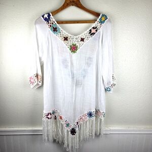 Women's Boho Beach Cover Up Tunic Top White Crochet Colorful Floral Top Size XL